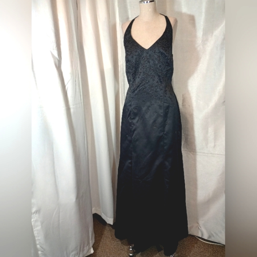 Be Smart Vintage Formal, Long Black Satin Halter Dress, LaceUp Corset, Mesh,8